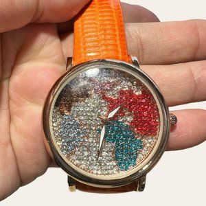 STRADA GENOA MULTI COLORED CRYSTAL FACE ORANGE LEATHER BAND (NEW)